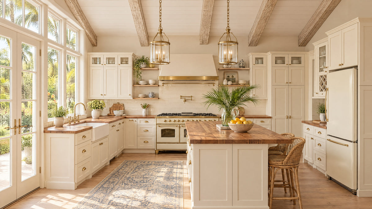 Coastal farmhouse kitchen remodel in West Palm Beach with cream cabinets, butcher block island and palm garden views