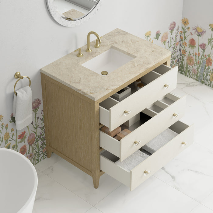 James Martin Celeste 36" Single Bathroom Vanity, Sunwashed Oak with Embossed Shagreen Drawer Fronts