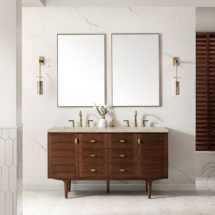 James Martin Amberly 60" Dual Mount Double Bathroom Vanity, Mid-Century Walnut