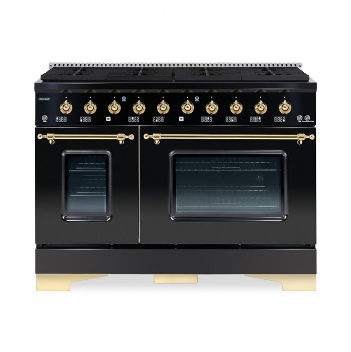 HALLMAN Classico 48" Dual Fuel Range, Glossy Black, Brass Trim HCLRDF48BSGB - Farmhouse Kitchen and Bath