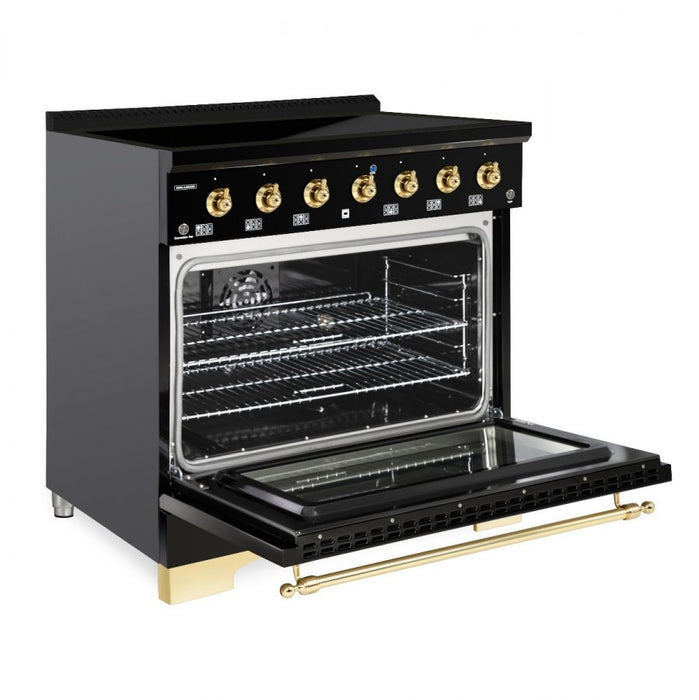 HALLMAN Classico 36" Induction Range, Glossy Black, Brass Trim HCLIR36BSGB