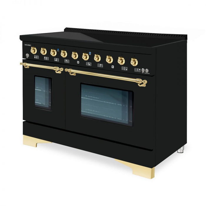 HALLMAN Classico 48" Induction Range, Glossy Black, Brass Trim HCLIR48BSGB