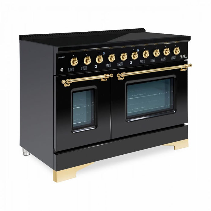 HALLMAN Classico 48" Induction Range, Glossy Black, Brass Trim HCLIR48BSGB