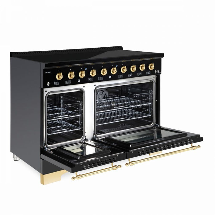 HALLMAN Classico 48" Induction Range, Glossy Black, Brass Trim HCLIR48BSGB