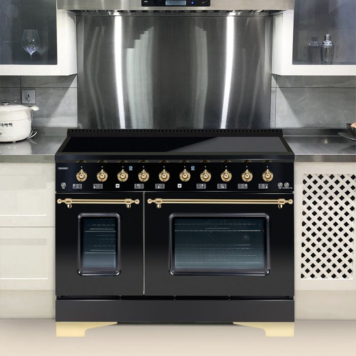 HALLMAN Classico 48" Induction Range, Glossy Black, Brass Trim HCLIR48BSGB