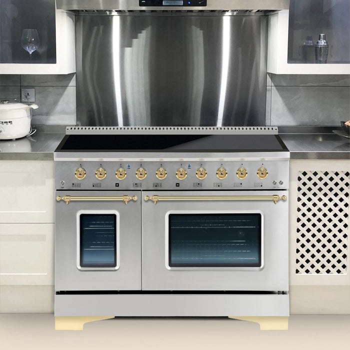 HALLMAN Classico 48" Induction Range, Stainless Steel, Brass Trim HCLIR48BSSS