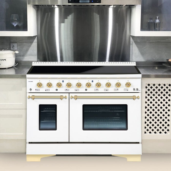 HALLMAN Classico 48" Induction Range, Antique White, Brass Trim HCLIR48BSAW