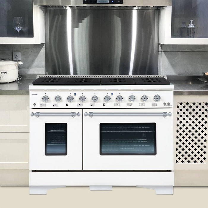 HALLMAN Classico 48" Gas Range, White, Chrome Trim HCLRG48CMWT