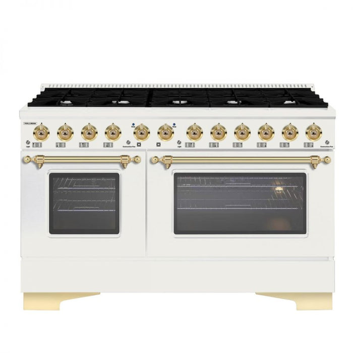 HALLMAN Classico 60" Dual Fuel Range Gas Stove-Electric Oven, Antique White, Brass Trim HCLRDF60BSAW