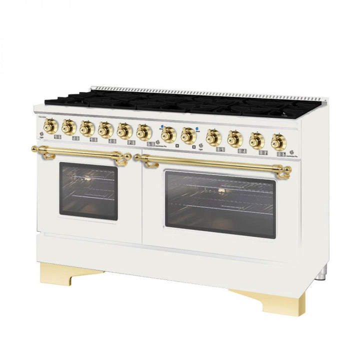 HALLMAN Classico 60" Dual Fuel Range Gas Stove-Electric Oven, Antique White, Brass Trim HCLRDF60BSAW