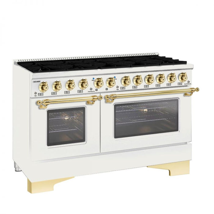 HALLMAN Classico 60" Dual Fuel Range Gas Stove-Electric Oven, Antique White, Brass Trim HCLRDF60BSAW