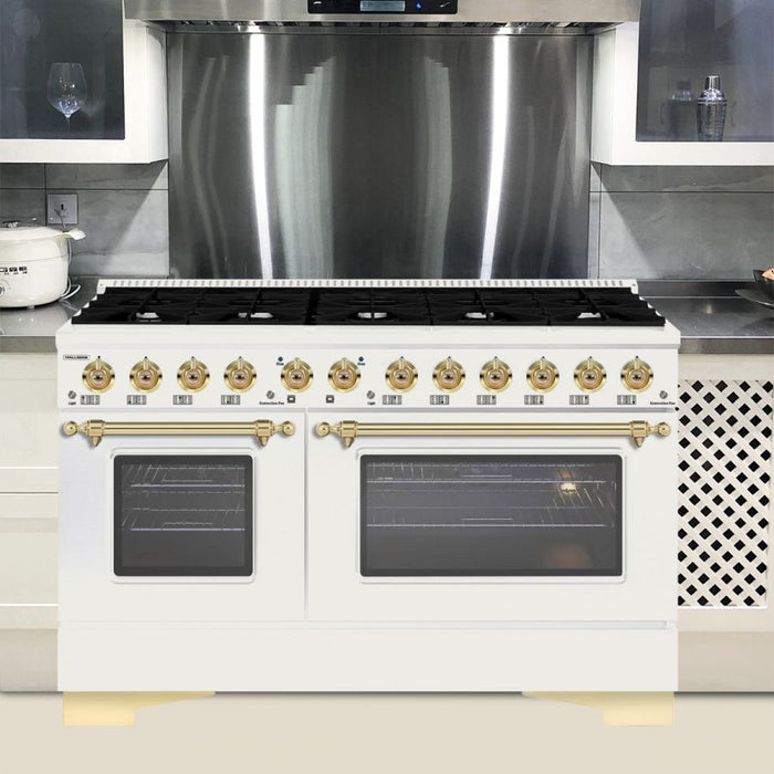 HALLMAN Classico 60" Dual Fuel Range Gas Stove-Electric Oven, Antique White, Brass Trim HCLRDF60BSAW