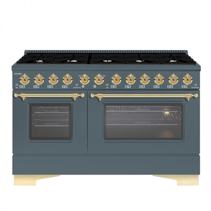 HALLMAN Classico 60" Dual Fuel Range Gas Stove-Electric Oven, Blue Grey, Brass Trim HCLRDF60BSGR