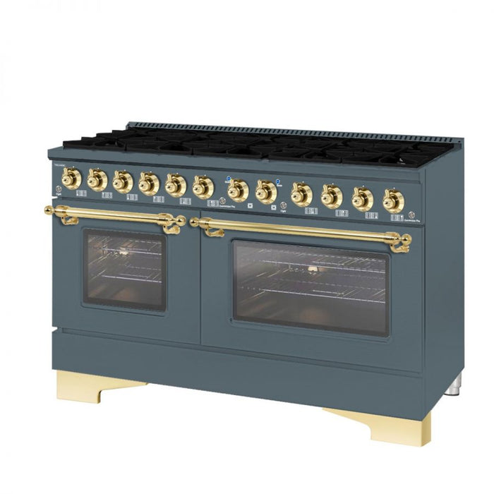 HALLMAN Classico 60" Dual Fuel Range Gas Stove-Electric Oven, Blue Grey, Brass Trim HCLRDF60BSGR