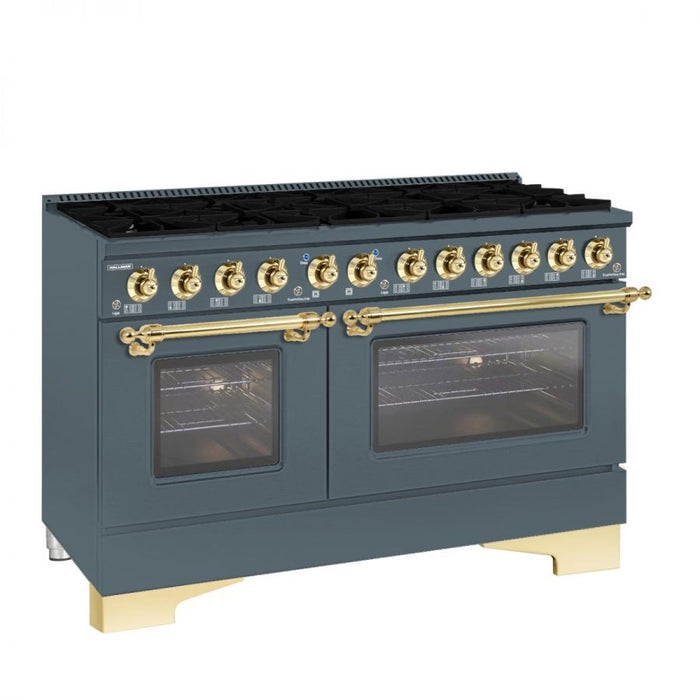 HALLMAN Classico 60" Dual Fuel Range Gas Stove-Electric Oven, Blue Grey, Brass Trim HCLRDF60BSGR