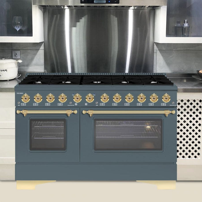 HALLMAN Classico 60" Dual Fuel Range Gas Stove-Electric Oven, Blue Grey, Brass Trim HCLRDF60BSGR