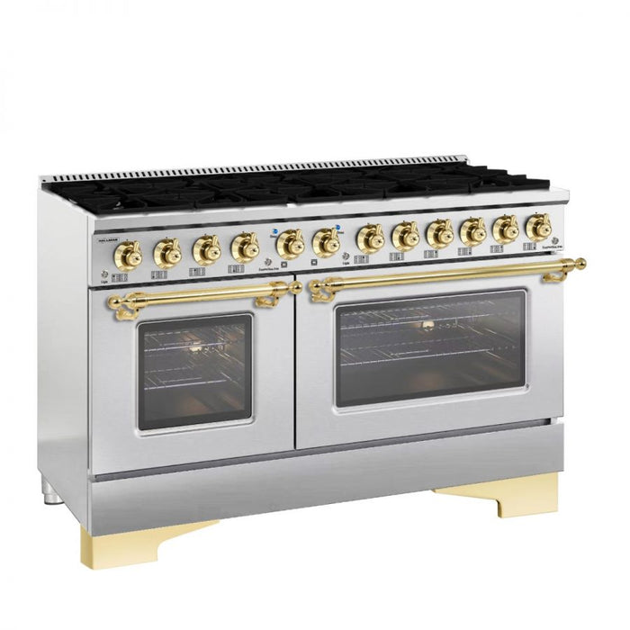 HALLMAN Classico 60" Dual Fuel Range Gas Stove-Electric Oven, Stainless Steel, Brass Trim HCLRDF60BSSS