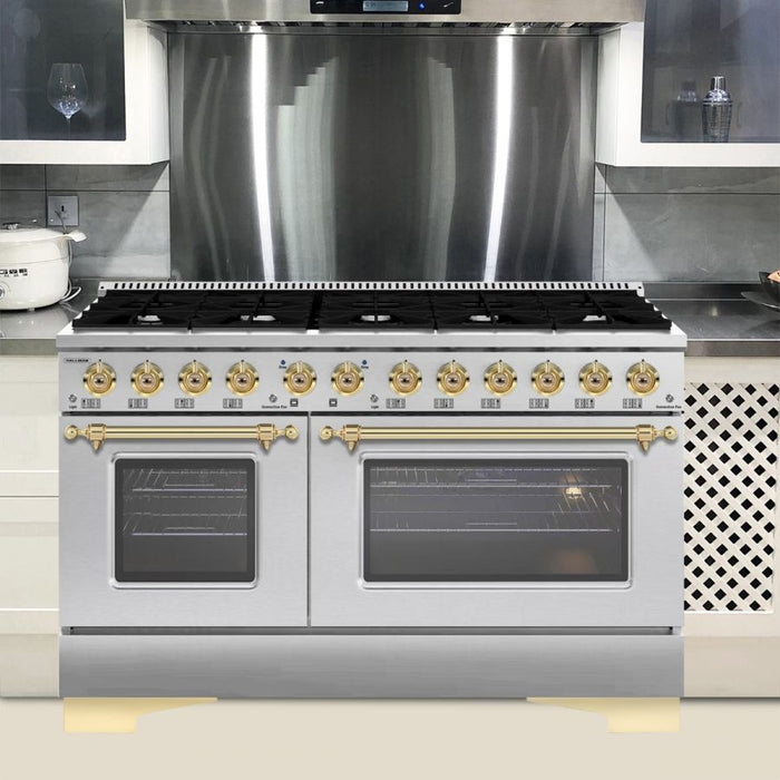 HALLMAN Classico 60" Dual Fuel Range Gas Stove-Electric Oven, Stainless Steel, Brass Trim HCLRDF60BSSS