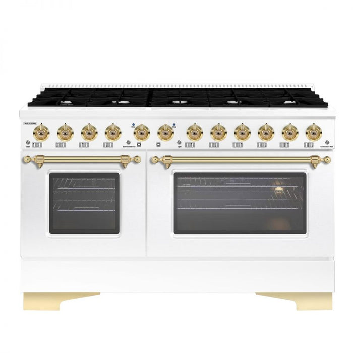 HALLMAN Classico 60" Dual Fuel Range Gas Stove-Electric Oven, White, Brass Trim HCLRDF60BSWT