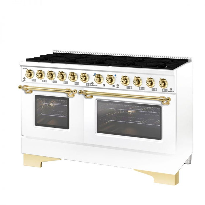 HALLMAN Classico 60" Dual Fuel Range Gas Stove-Electric Oven, White, Brass Trim HCLRDF60BSWT