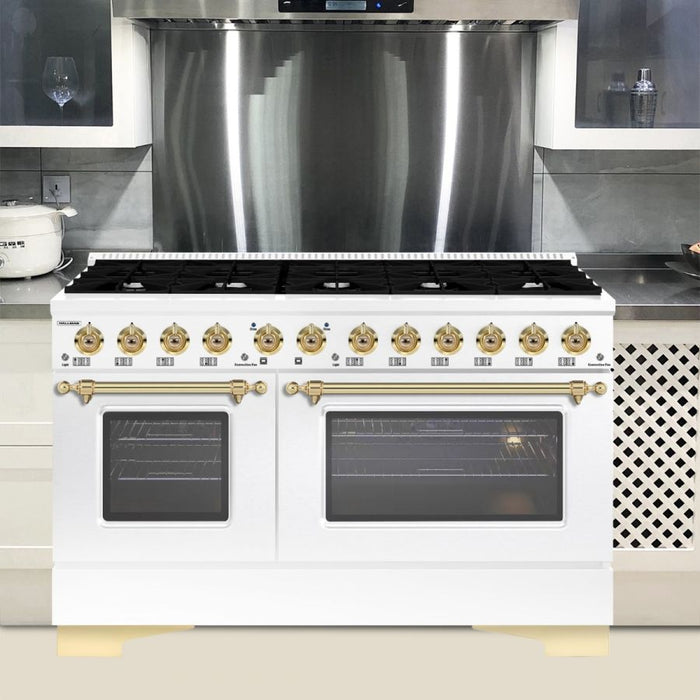 HALLMAN Classico 60" Dual Fuel Range Gas Stove-Electric Oven, White, Brass Trim HCLRDF60BSWT