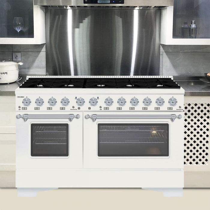 HALLMAN Classico 60"Dual Fuel Range Gas Stove-Electric Oven, Antique White, Chrome Trim HCLRDF60CMAW