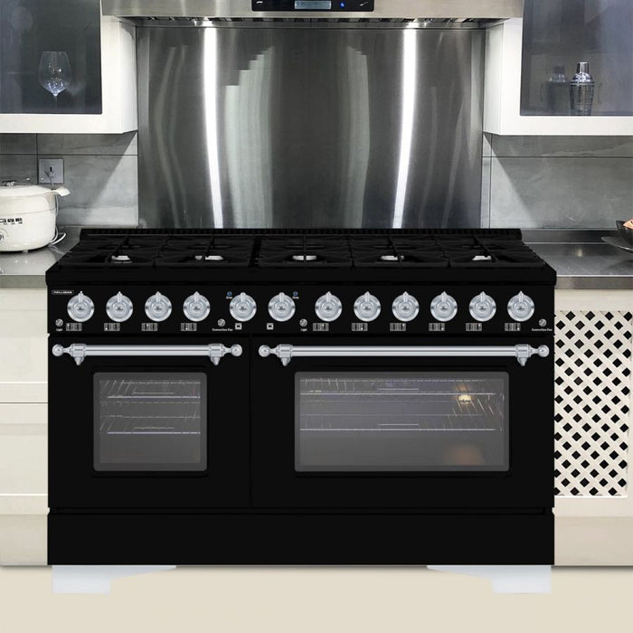 HALLMAN Classico 60" Dual Fuel Range Gas Stove-Electric Oven, Glossy Black, Chrome Trim HCLRDF60CMGB