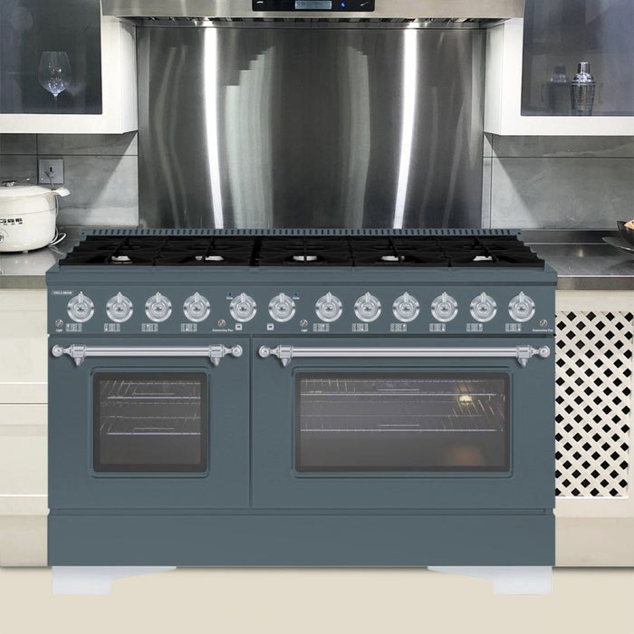 HALLMAN Classico 60" Dual Fuel Range Gas Stove-Electric Oven, Blue Grey, Chrome Trim HCLRDF60CMGR