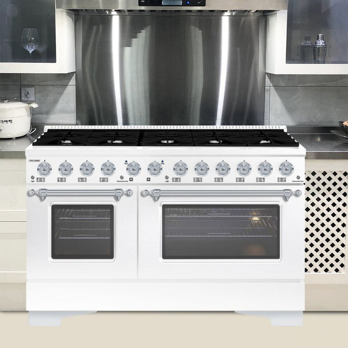 HALLMAN Classico 60" Dual Fuel Range Gas Stove-Electric Oven, White, Chrome Trim HCLRDF60CMWT