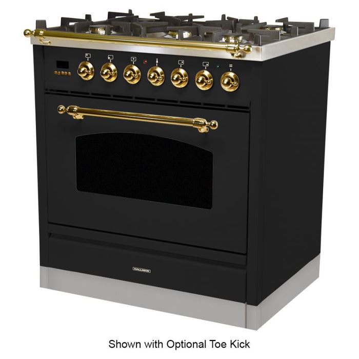 HALLMAN30 in. Single Oven Dual Fuel Italian Range, Brass Trim in Glossy Black HDFR30BSGB