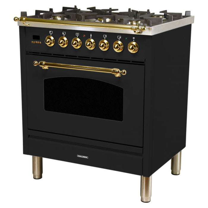 HALLMAN30 in. Single Oven Dual Fuel Italian Range, Brass Trim in Glossy Black HDFR30BSGB