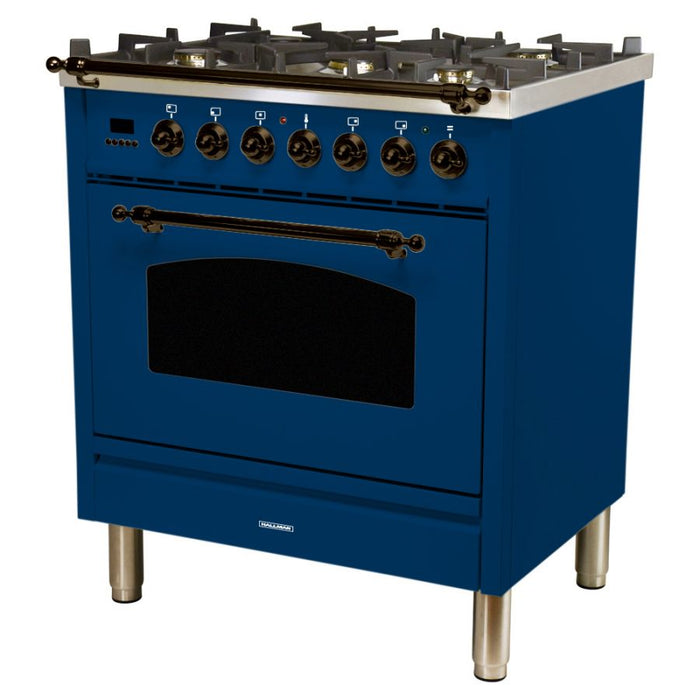 HALLMAN 30 in. Single Oven Dual Fuel Italian Range, LP Gas, Bronze Trim in Blue HDFR30BZBULP