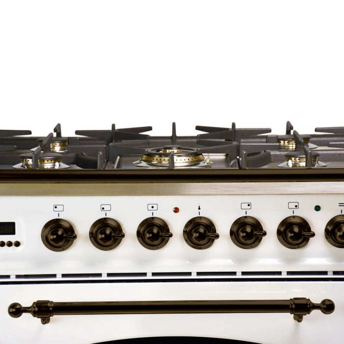HALLMAN 30 in. Single Oven Dual Fuel Italian Range, LP Gas, Bronze Trim in White HDFR30BZWTLP