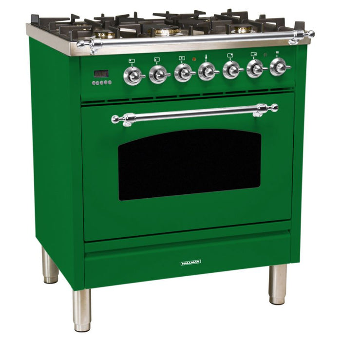 HALLMAN 30 in. Single Oven Dual Fuel Italian Range, Chrome Trim in Emerald Green HDFR30CMGN