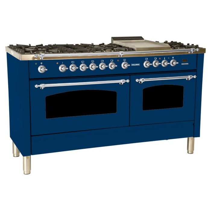 HALLMAN 60 in. Double Oven Dual Fuel Italian Range, LP Gas, Chrome Trim in Blue HDFR60CMBULP