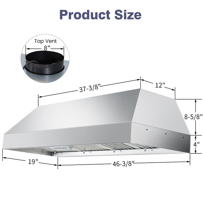 48" Range Hood Insert, 1200 CFM Stainless Steel Ducted Vent Hood Insert with Dimmable LED Lights - NX-19IS-48