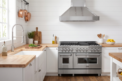 ZLINE 48-inch stainless kitchen set staged in a farmhouse kitchen: RA48 range with griddle, 655-4SSSS-48 wall hood, Apollo faucet