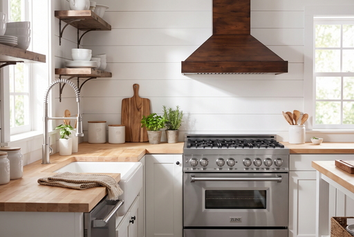 ZLINE 36-inch farmhouse kitchen set staged: RA36 stainless range, KBRR-36 walnut wood wall hood, Apollo faucet