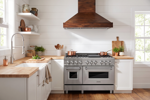 ZLINE 48-inch farmhouse kitchen set staged: RA48 stainless range, KBRR-48 walnut wood wall hood, Apollo faucet