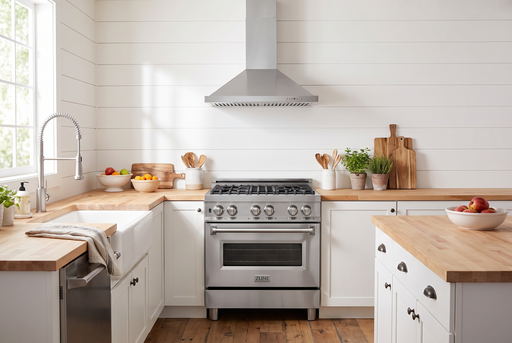 ZLINE 30-inch compact stainless kitchen set staged: RA30 range, KB-30 stainless wall hood, Apollo faucet