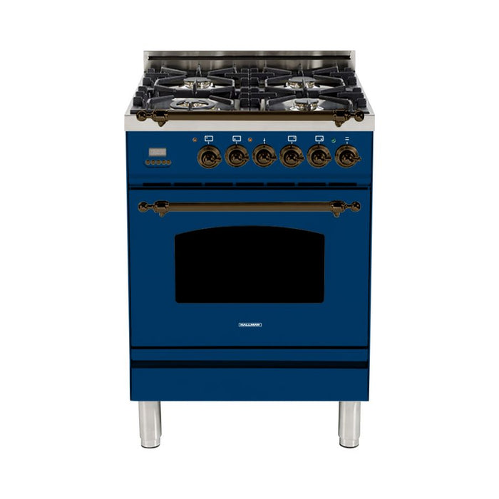 HALLMAN 24 in. Single Oven All Gas Italian Range, Bronze Trim in Blue HGR24BZBU