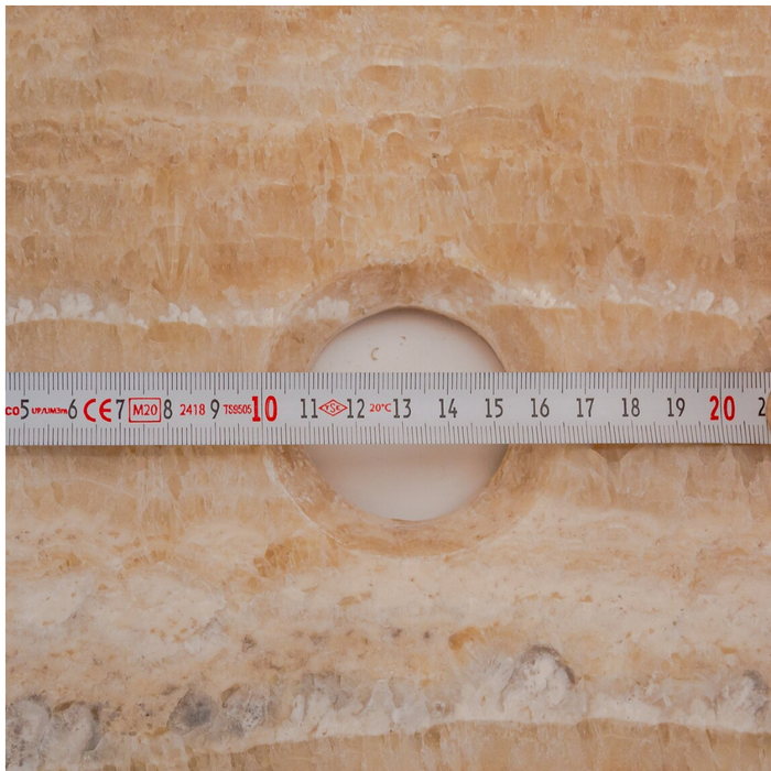 honey onyx natural stone vessel sink surface polished hand split size irregular SKU 202115 drain hole measure view product shot