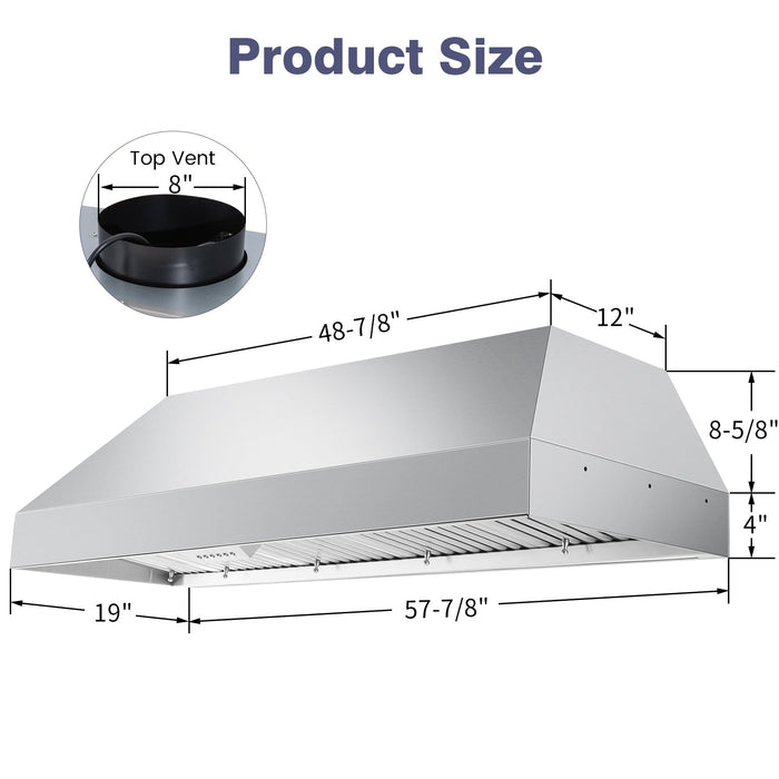 60" Range Hood Insert, 1200 CFM Stainless Steel Ducted Vent Hood Insert with Dimmable LED Lights - NX-19IS-60