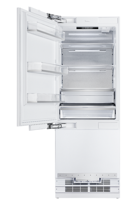 HALLMAN 30" Built-In Refrigerator Water Dispenser, Bottom Mount Freezer ,Automatic Ice Maker, LH-Hinge Classico Glossy Black, Brass Trim HC-BM30-LH-PNL-GB-BS