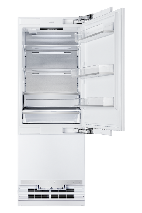HALLMAN 30" Built-In Refrigerator Water Dispenser, Bottom Mount Freezer ,Automatic Ice Maker, RH-Hinge Classico Glossy Black, Brass Trim HC-BM30-RH-PNL-GB-BS