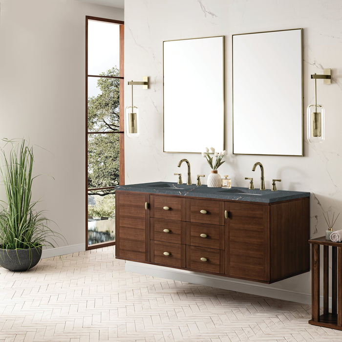 James Martin Amberly 60" Dual Mount Double Bathroom Vanity, Mid-Century Walnut