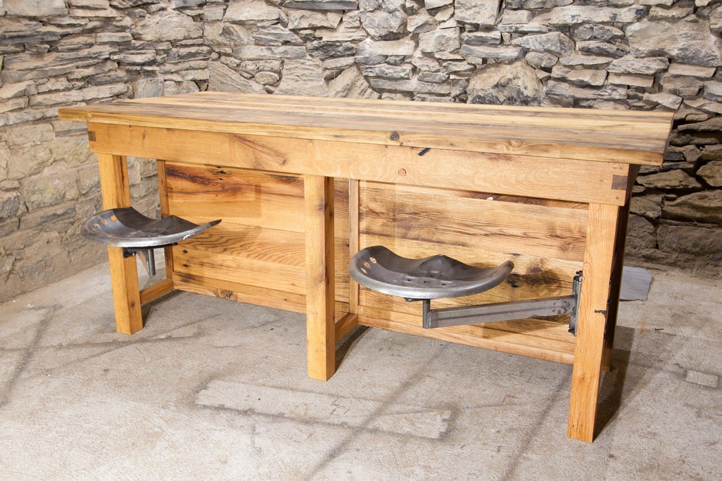 Kitchen island with swing arm seating - Custom reclaimed wood kitchen island - Modern Farmhouse Kitchen Island with swing out tractor seats