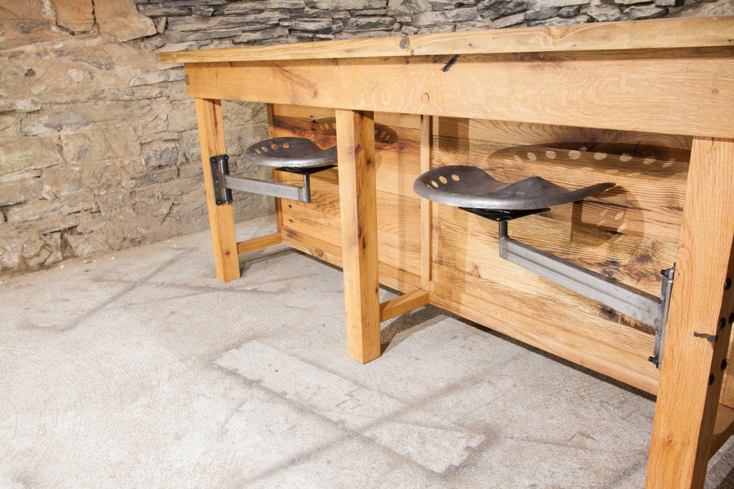 Kitchen island with swing arm seating - Custom reclaimed wood kitchen island - Modern Farmhouse Kitchen Island with swing out tractor seats