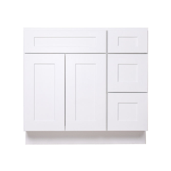 36 Inch White Shaker Single Sink Bathroom Vanity with Drawers on the Right