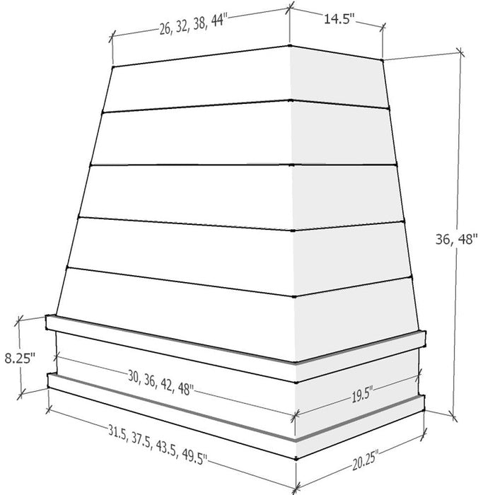 Antique White Wood Range Hood With Tapered Shiplap Front and Block Trim - 30", 36", 42", 48", 54" and 60" Widths Available